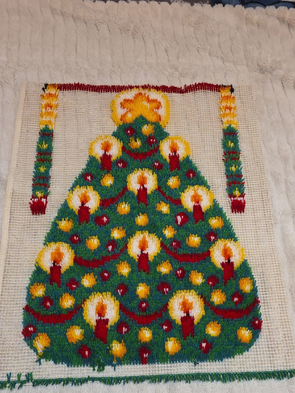 Vintage Hand Hooked Christmas Tree Tapestry Pillow Panel - Green, Red, Yellow